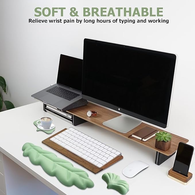 Ergonomic Keyboard Wrist Rest, Leaf Shape PU Leather Memory Foam Wrist Support for Computer Keyboard, Keyboard Pad and Cute Mouse Wrist Pad for Gaming,Office,Computer,Typing Pain Relief, Pastel Green