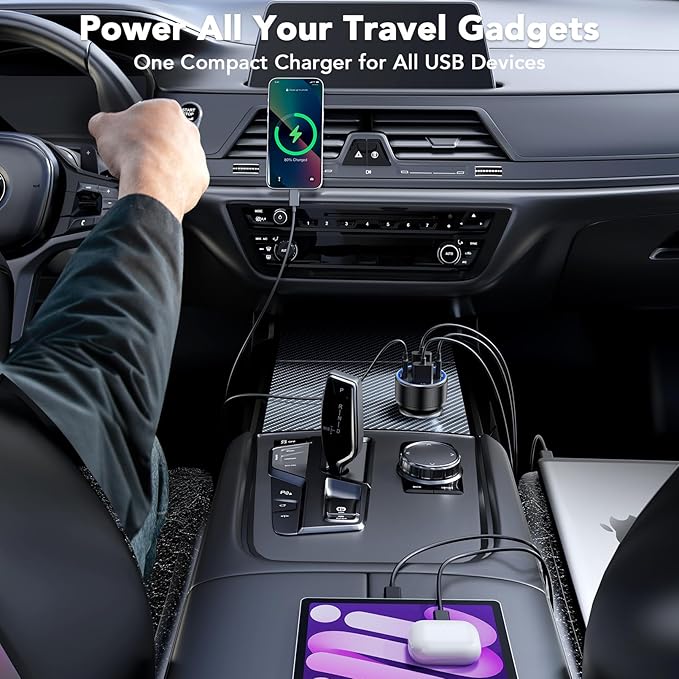 USB C Car Charger, 4 Port 78W USB Car Charger Adapter Fast Charging Multi Port Cigarette Lighter Adapter with Voltmeter Type C Phone Car Accessories for iPhone 17/16/15/14, Samsung Galaxy, iPad