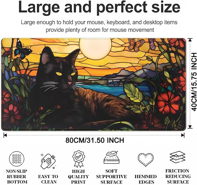 Black Cat Desk Mat Retro Flower Mouse Pad Large Mousepad, Enamel Aesthetic Gaming Mouse Pad Boho Desk Pad Large Decor Computer Mat, with Stitched Eges Non-Slip Base Mouse Pads Accessories 31.5"x15.7"