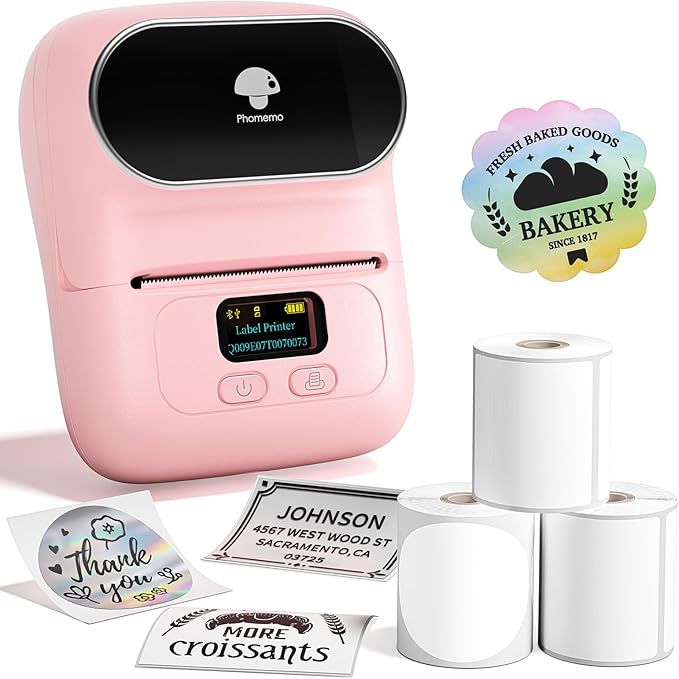 Phomemo M110 Label Maker- with 3 Packs Labels Bluetooth Portable Label Maker No Ink, Mini Barcode Label Printer for Retail, Address, Barcode, Home, for PC/Mac, iOS/Android, Baby Pink