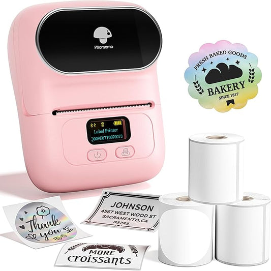 Phomemo M110 Label Maker- with 3 Packs Labels Bluetooth Portable Label Maker No Ink, Mini Barcode Label Printer for Retail, Address, Barcode, Home, for PC/Mac, iOS/Android, Baby Pink