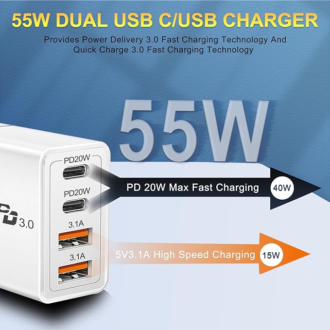 Dual USB C Charger 55W USB C Charger Block, CARZONJX 4 Port Type C Fast Charging Block QC+PD Power Adapter Wall Plug for iPhone 17 16 15 14 13 12 11 Plus Pro Max, Galaxy, Tablet and More