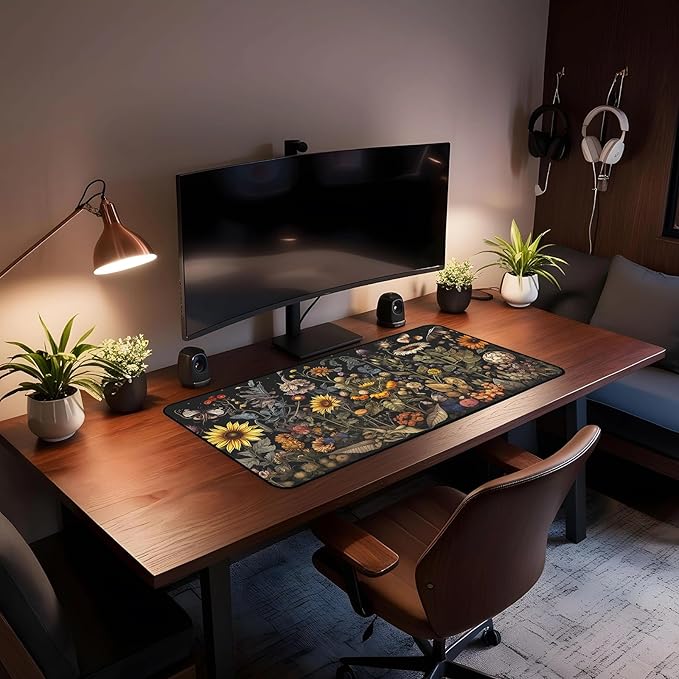 Retro Mouse Pad XXL， Flower Sunflower Plant Desk Mat, Long Computer Mat, Gaming Mouse Keyboard Mats, Full Desktop Protector, Nature-Inspired Decoration Home Office Desk Accessory 31.5" x 15.7"