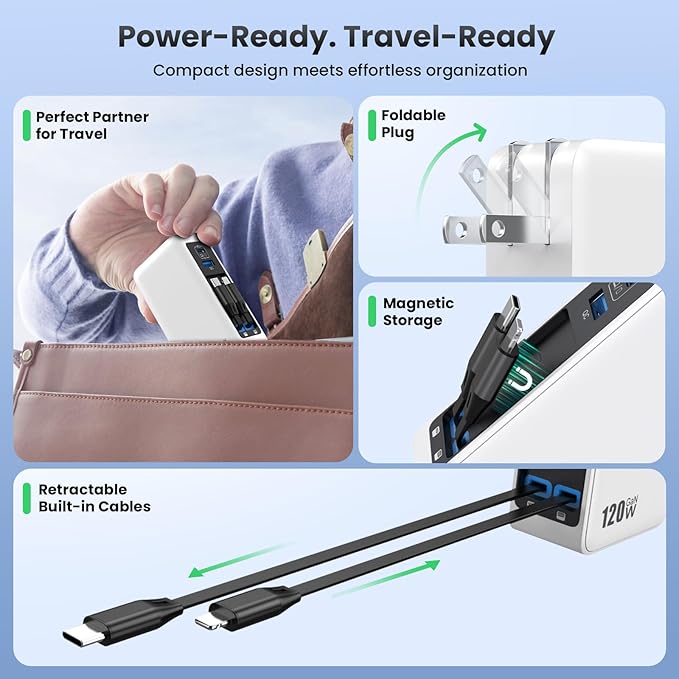 USB C Charger Block 120W with Built-in 2 Retractable Cables,4-in-1 GaN IV Charger Fast Charging Foldable Plug Wall Charger,PD 65W Laptop Charger for MacBook,iPad,iPhone 17/16/15,Galaxy,Android-White