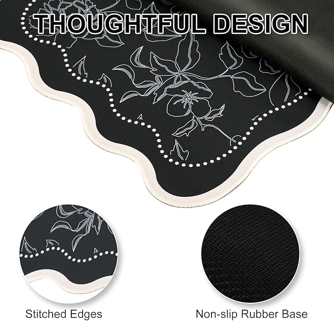 L-SPOUTTO Vintage Floral Mouse Pad,Aesthetic Scalloped Desk Mat XXL Large Gaming Mousepad,35.4x15.7in Non-Slip Keyboard Pad Waterproof Desktop Mat for Laptop Computer Work Game Home Office-Black