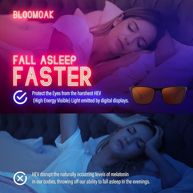 Bloomoak 100% Red Lens Blue Green Light Blocking Glasses- Dual AR Coatings Sleep Glasses Before Bed - Anti Glare, Fatigue