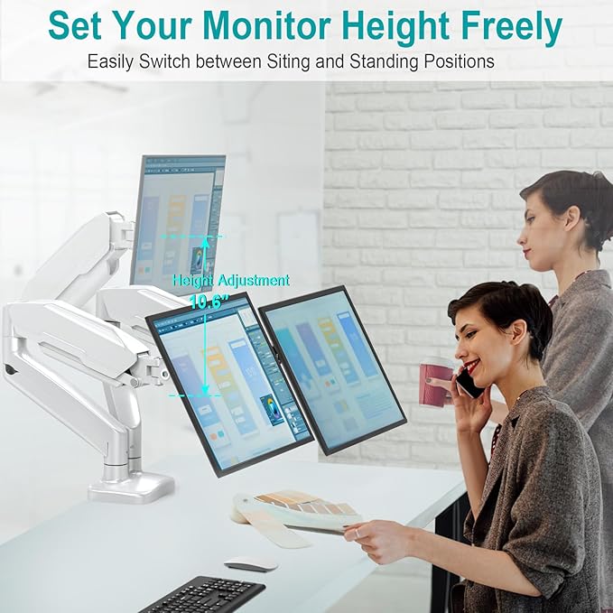 MOUNT PRO Dual Monitor Mount Fits 13 to 32 Inch Screen, Height Adjustable Monitor Stand for 2 Monitors, Full Motion Display Arm Holds up to 17. 6lbs Each, Computer Desk VESA Mount, White