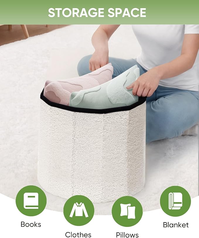 B FSOBEIIALEO Storage Ottoman Cube, Round Ottomans with Storage Foot Stool Footrest for Lving Room, Boucle Ottoman Seat for Dorm Room,Faux Teddy Fur, White 15"x15"x13.19"
