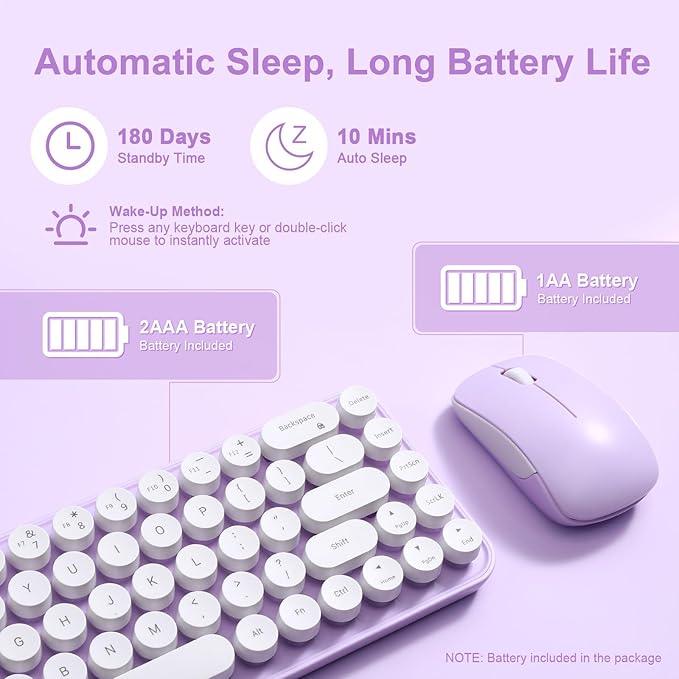 i68 Wireless Typewriter Keyboard and Mouse Combo,Purple Keyboard with 2.4GHz Connection, Cute Retro Aesthetic Design Round Keycaps for Tablet, Phone, PC and Win/Mac/Android(Purple)