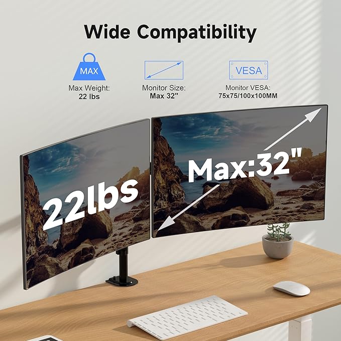 Pholiten Dual Monitor Stand, Heavy Duty Adjustable Monitor Arm Desk Mount for 2 Screens up to 32 Inches, Tilt, Swivel, Rotate, Supports 22 Lbs Per Monitor Arm