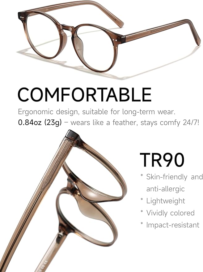 Round Blue Light Blocking Glasses Lightweight Chic Frame Anti Eye Strain Protection Computer Gaming for Women and Men