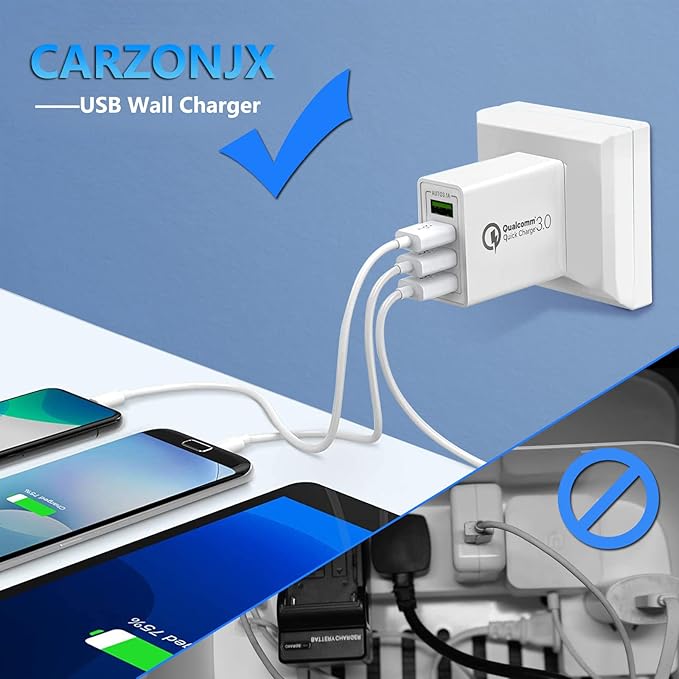 USB Charger 40W QC3.0 USB Wall Charger, CARZONJX 5V/3.1A 4 Port Fast Charger [with LED Light] Fast Charging Block for iPhone 17 16 15 14 13 12 11 X 8, iPad, Galaxy, LG, Moto, Switch and More