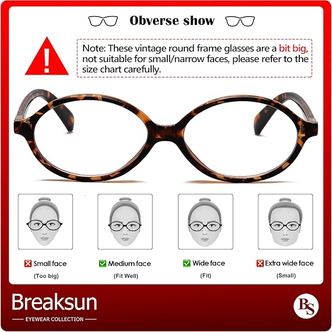 Breaksun Fashion Oval Glasses for Women Men Retro Round Tortoise Frame Blue Light Glasses Nerd Eyeglasses