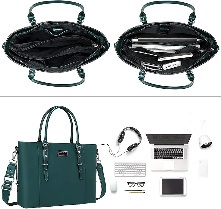 MOSISO Laptop Bag for Women, Waterproof Vintage PU Leather Briefcase Shoulder Computer Laptop Tote Bag for Office Work