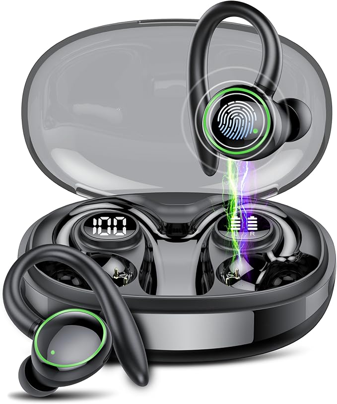 Wireless Earbuds, Bluetooth 5.4 Headphones Sport, Over Ear Buds With ENC Noise Cancelling Mic, 48H, Wireless Earphone With Earhooks, Stereo Deep Bass, IP7 Waterproof for Workout Running, Dark Black