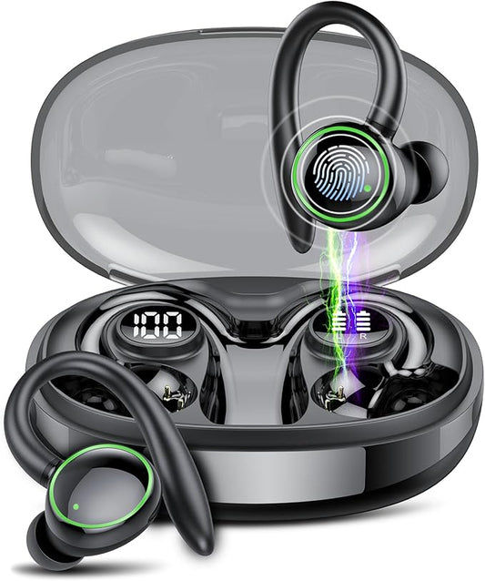 Wireless Earbuds, Bluetooth 5.4 Headphones Sport, Over Ear Buds With ENC Noise Cancelling Mic, 48H, Wireless Earphone With Earhooks, Stereo Deep Bass, IP7 Waterproof for Workout Running, Dark Black