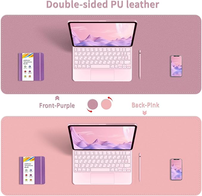 Bleswin Multifunctional Large Desk Mat, Double Sided Computer Desk pad, Extended Mouse Mat, Office Desk Protector with Waterproof PU Leather, 35.4''×16.9'', Office Home Writing Pad (Purple+Pink)