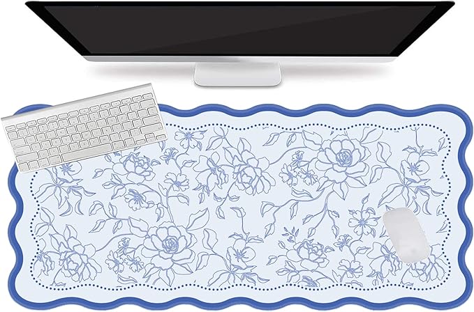 L-SPOUTTO Vintage Floral Mouse Pad,Aesthetic Desk Mat XXL Large Scalloped Gaming Mousepad,35.4x15.7in Non-Slip Keyboard Pad Waterproof Desktop Mat for Laptop Computer Work Game Home Office-Blue
