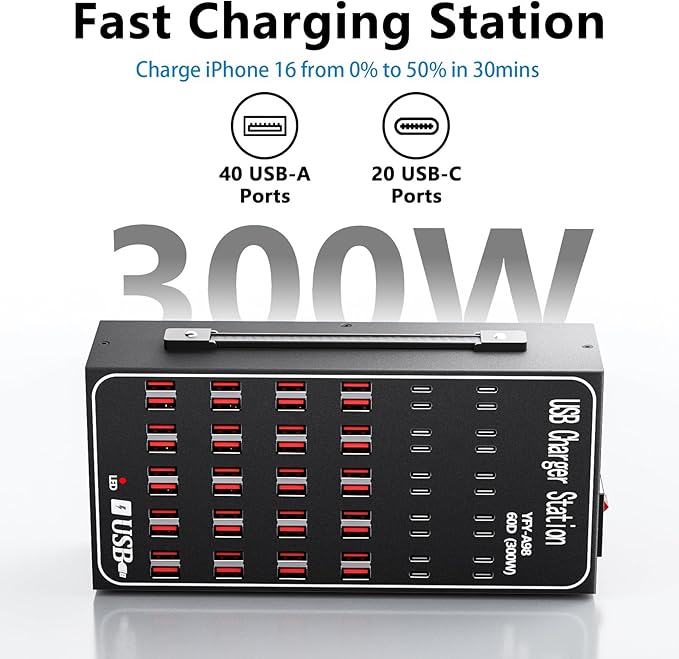 Multiple USB Charger Station, 300W 60Ports USB C Charger Block, USB Charger hub for Multiple Devices, USB C Multi Charge Compatible with iPhone 17 16 15 14 13, iPad, Samsung Galaxy S23 S24, Pixel