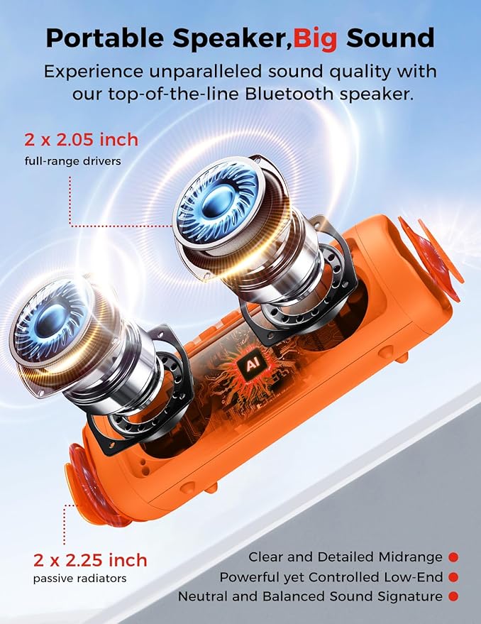 Bluetooth Speaker with HD Sound, Portable Wireless, IPX5 Waterproof, Up to 20H Playtime, TWS Pairing, BT5.3, for Home/Party/Outdoor/Beach, Electronic Gadgets, Birthday Gift (Orange)