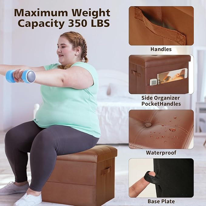 BelugaHelper Storage Ottoman Foot Rest Stool. Folding Ottoman with Storage with Thicker Foam Padded Seat. 330 lbs Footstool Bench for Living Room, Bedroom, Home Office Table, 17x13x13in, Light Brown