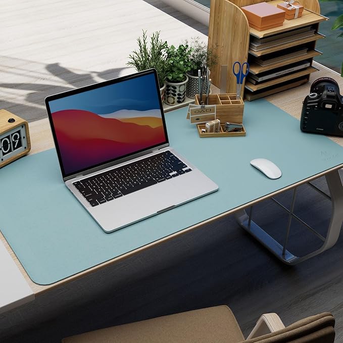 K KNODEL Leather Desk Pad Protector, Office Desk Mat, Large PVC Leather Desk Blotter, Non-Slip Mouse Pad (Sky Blue, 17" x 35.4")