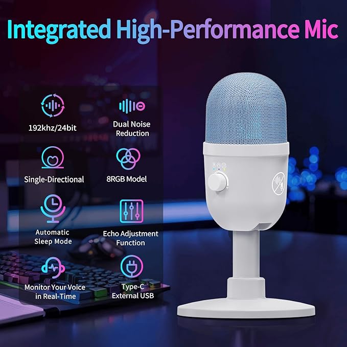 USB Gaming Condenser Microphone for PC/Desktop,192kHz/24Bit,Noise Cancellation,Monitoring,Quick Mute & RGB Lighting,USB PC Mic for Laptop,Podcast,Streaming,Recording White