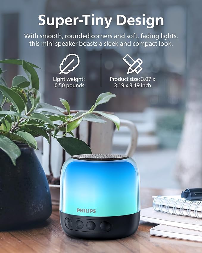 Philips S1108 Portable Bluetooth Speaker, 3W RMS, 9H Playtime, TWS Stereo Pairing, LED Light Effects, USB-C Charging – Compact Wireless Speaker for Home, Outdoor, Travel