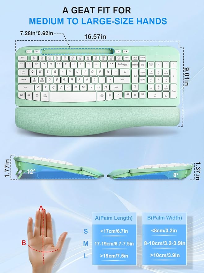 Wireless Keyboard and Mouse Combo, Wave Keys Computer Ergonomic Keyboard with Cushioned Plam Rest, Phone Holder, 2.4GHz Silent 6 Button Wireless Mouse Set for Laptop, PC, Windows, Mac (Mint Green)