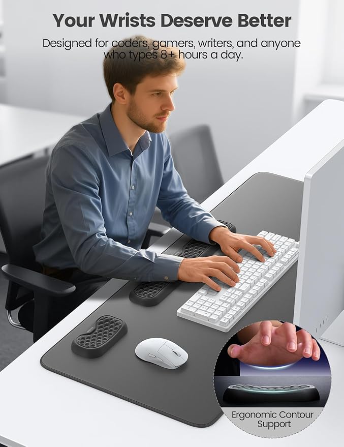 Vaydeer Wrist Rest for Keyboard and Mouse with Desk Mat, 3-in-1 Computer Ergonomic Wrist Support Set, Memory Foam Extended Desk Pad for Typing and Gaming, Arm Palm Hand Laptop Cushion Office Home