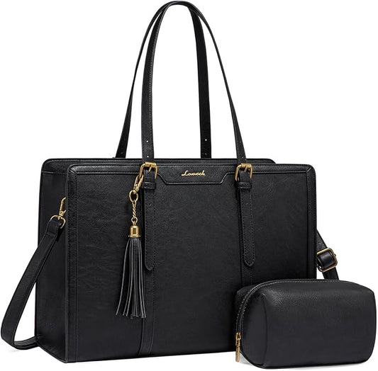 LOVEVOOK Laptop Bag for Women Vintage Leather Laptop Tote 15.6 inch Large Capacity Computer bag with Clutch Purse for Work