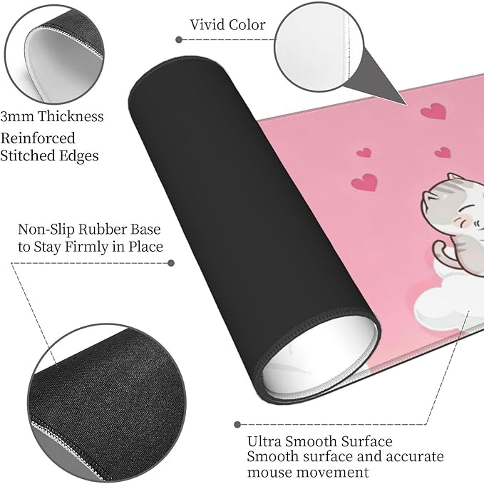 Pink Cat Cute Gaming Mouse Pad Desk Mat for Home and Office, Large Mousepad Extended Keyboard Pad Stitched Edge Accessories Decor