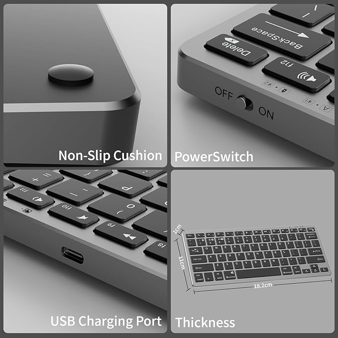 kenke Wireless Keyboard, 2.4GHz / Bluetooth 1.0/2.0 Wireless Keyboard, Low Profile & Lightweight, 78 Key, Fluid Precise Quiet Typing, Supports Bluetooth Connection, USB Rechargeable, Silvery Black
