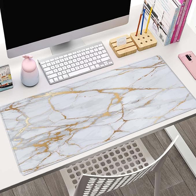 Desk Mat White Golden Marble Texture Large Keyboard Mouse Pad for Laptop PC Setup Desk Cover Protector Desk DéCor for Office Home Work Gaming 31.5" X 11.8" Stitched Edge Non-Slip Design
