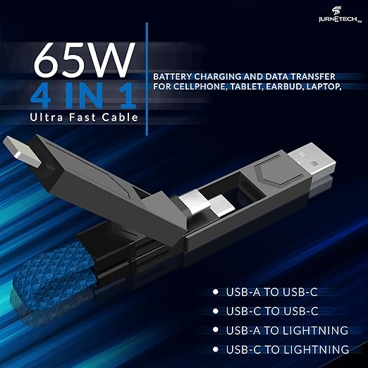 Magnetic 4 in 1 Multi Charging Cable with LED Display, Portable Keychain Charger, Lightning/Type C/USB A/USB C Ports for iPhone iPad Mac AirPods Samsung Google, (65W) Blue MFI Certified