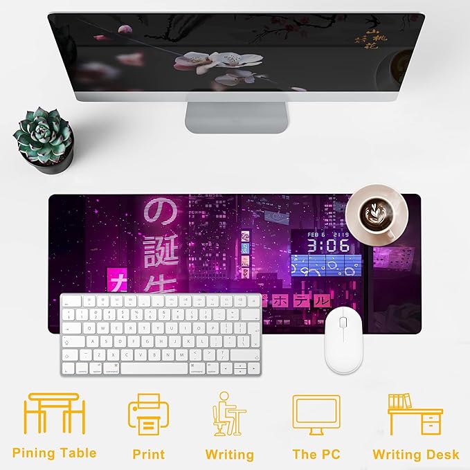 Desk Pad Anime Street Desk Mat for Keyboard and Mouse, Large Mousepad with Stitched Edges for Work Game Office, 31.5 x 11.8 in