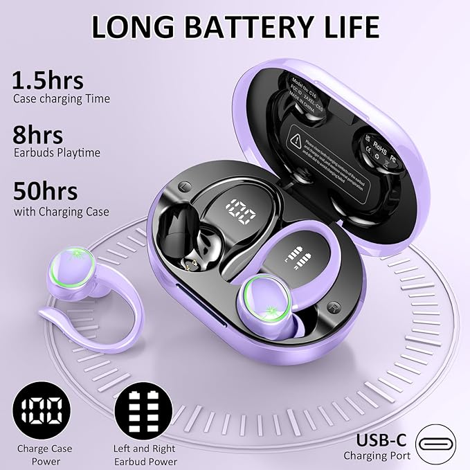 Wireless Earbuds, Bluetooth Headphones Sport, Deep Bass Fitness Earphones Gym Running, IP7 Waterproof Headset with Earhook Workout, 50H Playback Over-Ear Buds with ENC Noise Cancelling Mic