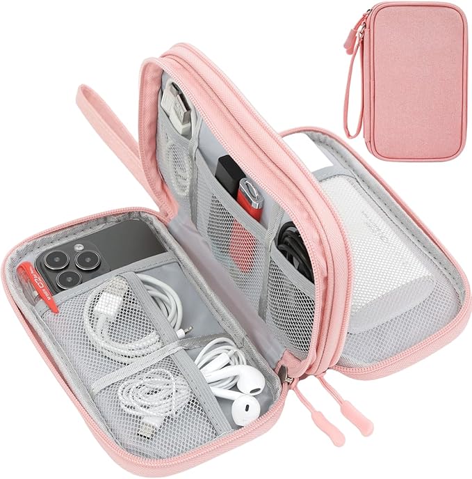 Electronic Cable Organizer Bag, Travel Electronic Accessories Carry Case Portable Waterproof Double Layers Storage Bag for Cable, Cord, Charger, Power Bank, Earphone (Light Pink, Medium)
