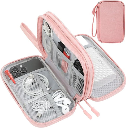 Electronic Cable Organizer Bag, Travel Electronic Accessories Carry Case Portable Waterproof Double Layers Storage Bag for Cable, Cord, Charger, Power Bank, Earphone (Light Pink, Medium)