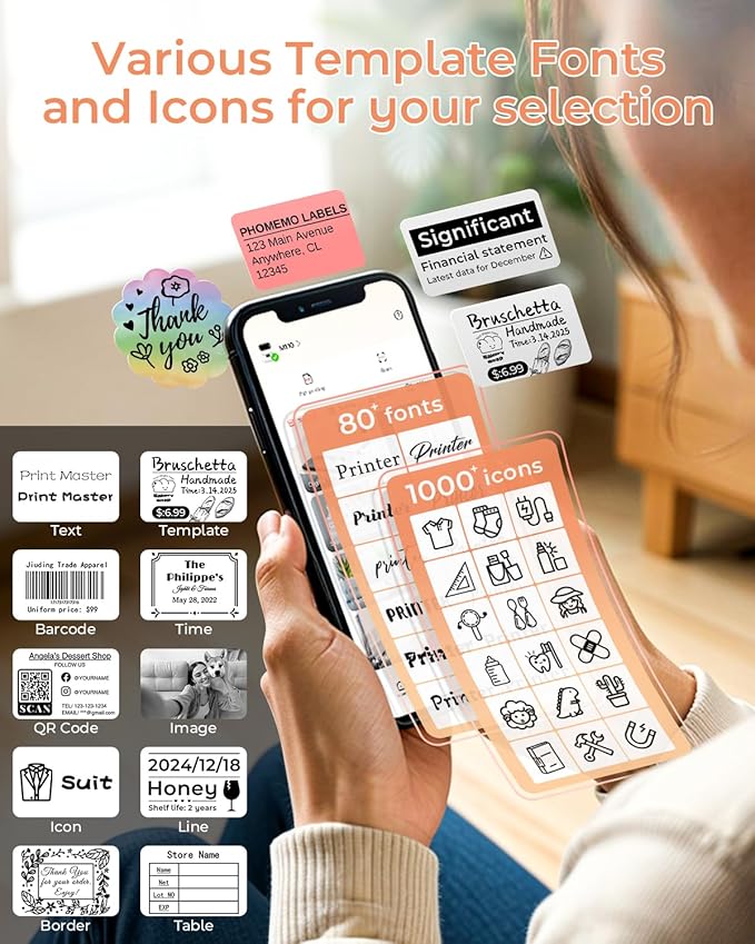 Phomemo M110 Label Maker- Mini Portable Bluetooth Thermal Label Printer for Clear Label, Barcode, Clothing, Office, Business, Compatible with Android & iOS, Orange
