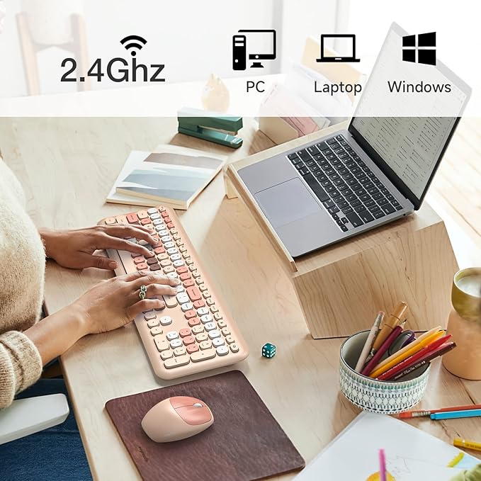 MOFii Wireless Computer Keyboard and Mouse Set, Colorful Full Size Keyboard with Number Pad and Silent Mouse for PC Desktop Windows (Milk Tea)
