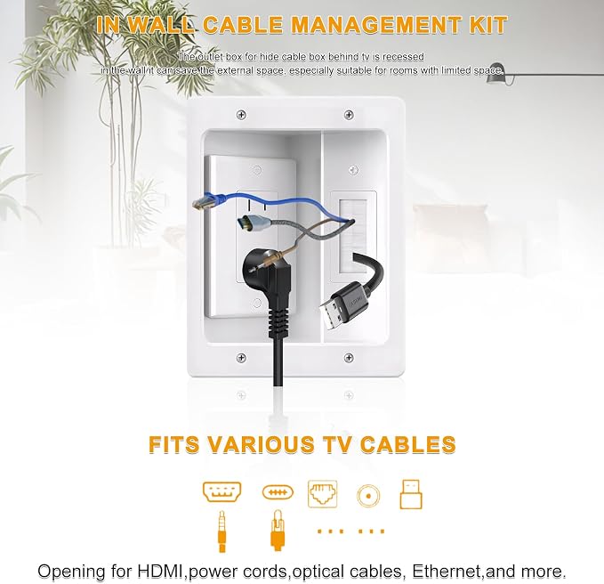 Wall Cable Concealer Kit with Recessed Tv Outlet Box-Two-Hole Socket,Tv Cable Hider Wall Kit Hider Box Fits All Plugs, Easy, Safe Cable Management - Image 7