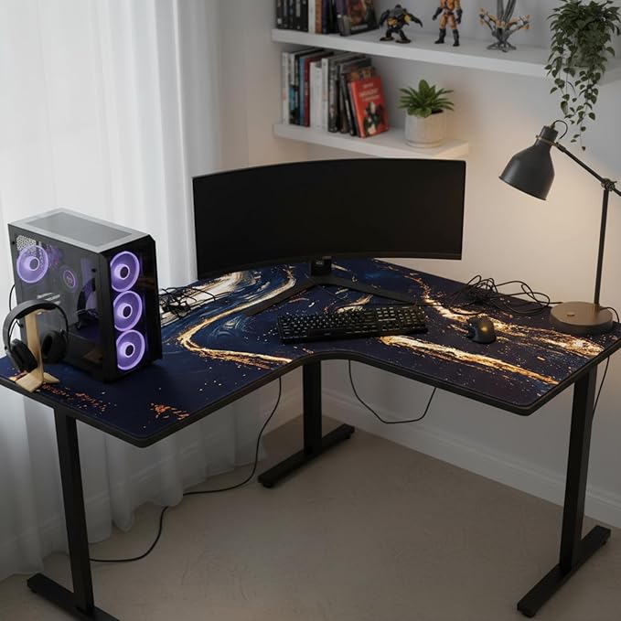 L Shaped Desk Mat for Corner, Large Extended Mouse Pad with Non-Slip Rubber Base, Black Waterproof Desk Protector for Office & Gaming Setup