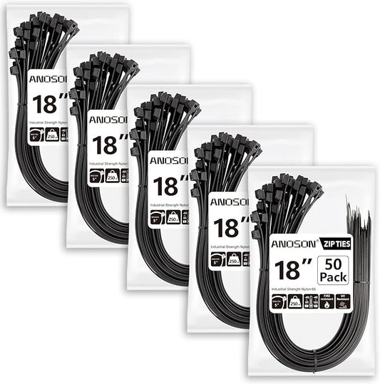 Large Zip Ties 18 inch (250 Pack), Long Zip Ties Heavy Duty with 220 lb Tensile Strength, Big Cable Ties, Black, by ANOSON by ANOSON