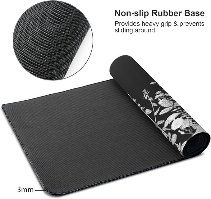 Large Floral Mouse Pad for Women, Black White XXL Desk Mat with Anti-Slip & Stitched Edges, Aesthetic Desk Pad for Keyboard and Mouse, Cute Office Supplies & Home Decor for Computer Desktop