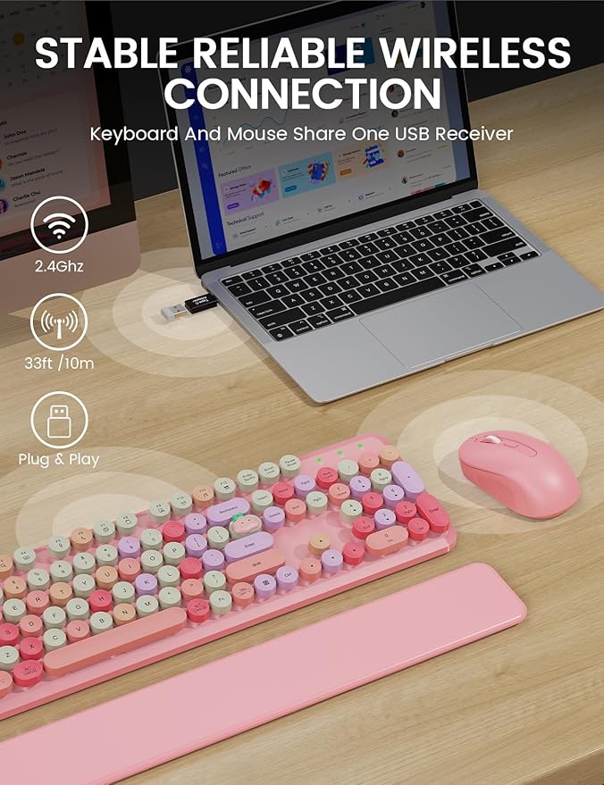 Wireless Keyboard and Mouse Combo, Typewriter Keyboard with Detachable Wrist Rest, Full-Size Retro Round Keycaps, Smart-Sleep, 2.4GHz Stable Connection for Mac/Windows/PC, Trueque(Rose Quartz Pink)