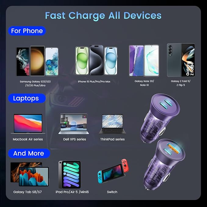 2-Pack 90W USB C Super Fast Car Charger, Dual-Port [PD/PPS 45W & QC 45W] Car Cigarette Lighter USB Charger Adaper for Samsung Galaxy S25 Ultra/S25+/S24 Ultra/S23+/S22,Note 20,Tab S9, iPhone 15(Violet)