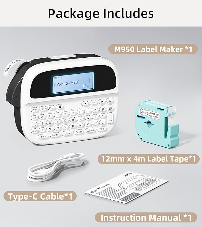 Label Maker Machine with-Tape, Rechargeable Label Maker Waterproof-Labels, Backlit Bluetooth Labeler, M950 12mm Portable Labeling Maker for Home Organization Office School Teacher Supplies