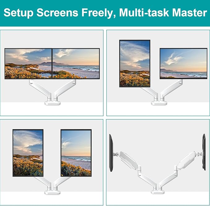 MOUNT PRO Dual Monitor Mount Fits 13 to 32 Inch Screen, Height Adjustable Monitor Stand for 2 Monitors, Full Motion Display Arm Holds up to 17. 6lbs Each, Computer Desk VESA Mount, White