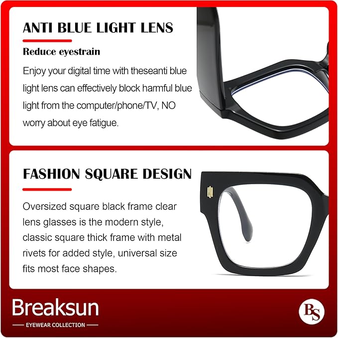 Breaksun Fashion Oversized Blue Light Blocking Glasses for Women Men Trendy Big Square Frame Computer Eyeglasses